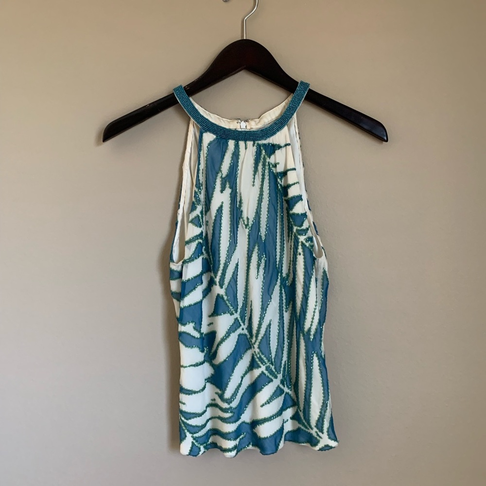 Carmen Marc Valvo Tropical Leaf Beaded Top